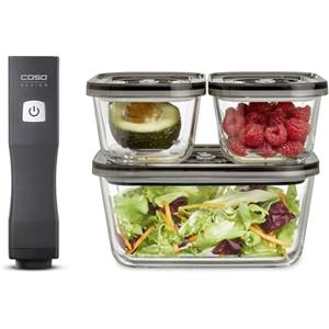 CASO Vacu OneTouch Eco-Set - Aspiratore manuale sottovuoto per alimenti secchi e umidi, inclusi 3 contenitori in vetro e 10 sacchetti ZIP, autonomia fino a 150 minuti - nera