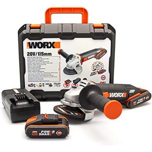WORX Wx800 Smerigliatrice Angolare A Batteria 20V, Impugnatura Supplementare, Nero, 34 x 12.5 x 27.4 cm