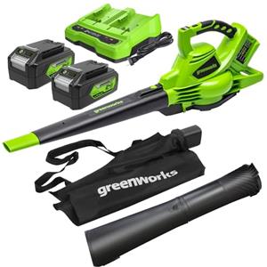 Greenworks 48V(24V x 2) Aspirafoglie Soffiatore a Batteria con Tracolla, Motore Brushless, 322km/h, 9m³/min, Sacco di Raccolta 45L, 2 4Ah Batterie, e Caricabatterie, Garanzia 3 Anni GD24X2BVK4X