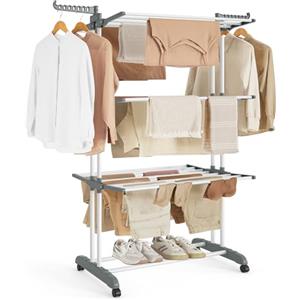 SONGMICS Stendibiancheria, Stendino Pieghevole a 4 Livelli, con Ruote e Ali Richiudibili, 63,5 x 128 x 173 cm, Capiente, Uso Interno ed Esterno, Bianco LLR701W01