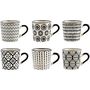 H&H Vhera Set 6 Tazzine Caffè in Stoneware (85 ml) - Eleganti Tazzine Bianco/Nero con Decorazioni Geometriche e Floreali - Lavabili in Lavastoviglie e Utilizzabili in Microonde
