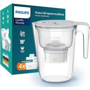 Philips Water Filtro caraffa +4 cartucce filtranti di ricambio Anticalcare+, FINO AL 50% IN PIÙ DI RIDUZIONE DELLA DUREZZA, flusso rapido, bianco, 2,6 litri, timer elettronico