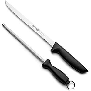 Arcos Set di Coltelli in Acciaio Inossidabile - 2 Pezzi, Include Coltello per Prosciutto e Affilatore Chaira con Manico Ergonomico in Polipropilene - Nero, Serie Niza
