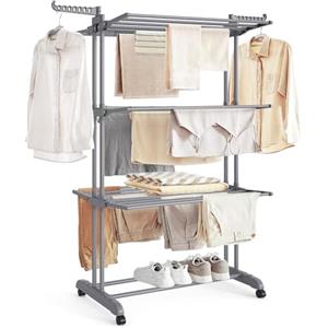SONGMICS Stendibiancheria, Stendino Pieghevole a 4 Livelli, con Ruote e Ali Richiudibili, 63,5 x 128 x 173 cm, Capiente, Uso Interno ed Esterno, Grigio LLR701G01