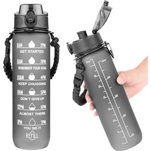 AiQInu Borraccia 1 Litro con Indicatore di Tempo e senza BPA, Aprova di Perdite, Chiusura Sicura, Cavo per Ombrello e Manico per il Trasporto Intrecciato per Palestra, Fitness e Outdoor