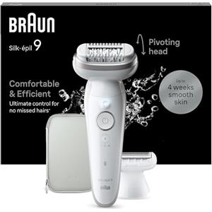 Braun Silk Epil 9 Epilatore Elettrico Donna Con Testina Flessibile, Wet&Dry, Pelle Liscia a Lungo, Con Testina Per Rasoio Elettrico Donna e Cappuccio Rifinitore, Depilatore Braun 9-041 Bianco/Argento