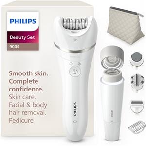Philips Beauty Set Serie 9000 - Set all-in-one per tutto il corpo, epilatore senza fili, wet & dry, 6 accessori, modello BRE770/92