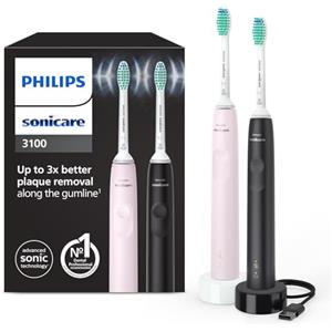 Philips Sonicare 3100 spazzolino elettrico sonico, sensore di pressione e timer, colore rosa e nero, confezione doppia, HX3675/15, Sonicare 3100, Nero/Rosa