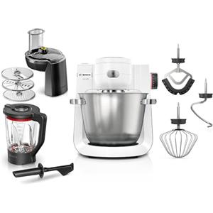 Bosch Serie 6 Planetaria MUMS6EW22, Potente Motore da 1600 W, Ciotola XXL da 5.5 L in Acciaio Inox, Frusta e Ganci, Dischi Vari, Frullatore, Accessori Inclusi Lavabili in Lavastoviglie, Bianco