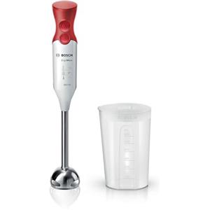 Bosch Frullatore a Immersione MSM64110, 450 W, Impugnatura Ergonomica, Piede in Acciaio Inox, Lama a 4 ali Acciaio Inox, Due Livelli di Velocità, Pratico Bicchiere Graduato Incluso, Bianco, Rosso