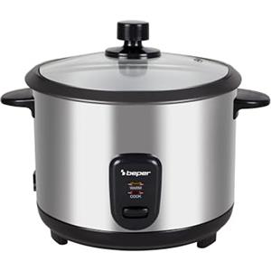 BEPER P101VAP001 Cuociriso elettrico con Funzione Mantenimento Calore, Cestello per Cottura a Vapore, Rivestimento Antiaderente, Coperchio in Vetro, Autospegnimento, Acciaio Inox