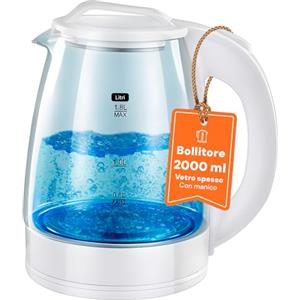 Avilia Bollitore Elettrico in Vetro 2L -1500W - Bollitore con Temperatura Regolabile, Spegnimento Automatico, Impugnatura Antiscivolo e Piastra in Acciaio Inox - Teiera Bianca