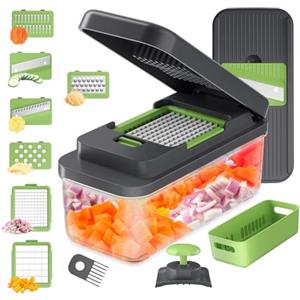 Ibergrif M524-7 Affetta Verdure 7 in 1, Taglia Verdure Manuale Multifunzionale con Contenitore, Mandolina Cucina per Cubetti, Verdure e Frutta, Lavabile in Lavastoviglie
