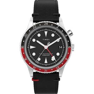 Timex Orologio da uomo Waterbury, 39 mm, cinturino a sgancio rapido in due pezzi in pelle nera, quadrante nero, cassa in acciaio inox TW2W22800