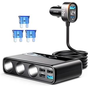 JOYROOM 210W Sdoppiatore Presa Accendisigari per Auto, USB Auto Splitter Accendisigari, 12V/24V 3 Prese Accendisigari, Adattatore Accendisigari QC3.0 & PD, Caricabatteria Auto LED Voltmetro per GPS