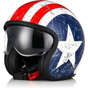 ORIGINE Casco moto Jet Casco da scooter con visiera omologata ECE 22-06(Rebel Star Matt Blue Red ,XS)