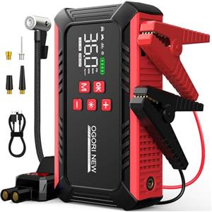 OGORI NEW Booster Avviamento Auto con Compressore Aria Portatile,Avviatore Batteria Auto 6000A (per Motori Fino a 8.0L Benzina/10.0L Diesel),12V Starter Batteria con Torcia a LED, Display LCD