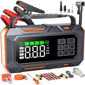 TREKURE 16-in-1 Booster Avviamento Auto da 8000A e Compressore 160PSI, Avviatore Emergenza per Auto Con Guasto Car Kit, Traino Corda, Guanti E Luci, Avviatore Batteria per Tutti Gas o 12L Diesel