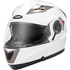 YEMA Casco Modulare Moto Integrale Scooter - YEMA E13-0510253-WS Caschi Modulari Motorino Integrali ECE Omologato Donna Uomo con Doppia Visiera Parasole, Bianco, S