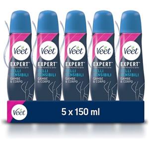 VEET x5 Veet Crema Depilatoria Pelli Sensibili in Spray, Per Corpo Gambe,Ascelle e Zona BIkini, 150 ml, 5 Confezioni, Maxi formato