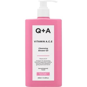 Q+A Vitamin A.C.E Shower Oil: Nourishing body care with fruit extracts, vitamin-rich oils, and a superfood complex for ultra-gentle cleansing. 250 ml.