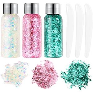 URAQT 3pcs Glitter Corpo e Viso per Unghie, Occhi, Labbra, Capelli - Gel Chunky per Musica, Festival, in Maschera(Bianco+Rosa+Verde)