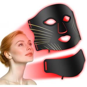 Ntyikul Maschera LED Viso E Collo, Ntyikul Maschera Viso LED con 7 Colori, 5 Livelli di Luminosità, con Protezione per Gli Occhi, Telecomando+Timer, Maschera Viso Infrarossi per Anti-Invecchiamento