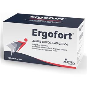 Aurora Biofarma Ergofort - Integratore Energia Fisica e Mentale con Ginseng, Magnesio, Vitamine del Gruppo B - Energizzante Forte Stanchezza, 12 Oral Stick Fruttati e Senza Glutine