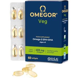 Omegor Omega 3 Vegan OMEGOR Veg - Omega3 Vegetale IFOS 5 Stelle e Vegan Society da Olio di Alghe con Vitamina E - 250mg DHA e 125mg EPA (60 Capsule)