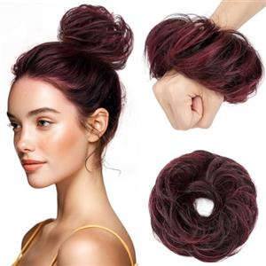 Elailite Chignon Finto Per Capelli Ricci Posticci Capelli Veri Spettinato Con Elastico Hair Bun Extension 23g # Nero Naturale + Rosso Borgogna