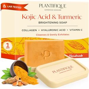 PLANTIFIQUE Turmeric & Kojic Acid Soap | Sapone Esfoliante Viso e Corpo con Custodia Viaggio Silicone | Saponetta Detergente Solida Scrub Donna e Uomo | Peeling Naturale Tono Pelle Uniforme | 1 Pezzo