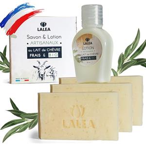 lalea Sapone di latte di capra biologico (3X 100g) | lozione (30ml), cura del viso anti acne, artigianato francese, maschera di latte di capra biologico, anti eczema, punti neri, cura naturale, viso e corpo
