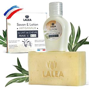 lalea Sapone di latte di capra biologico (1X 100g) | lozione (30ml), cura del viso anti acne, artigianato francese, maschera di latte di capra biologico, anti eczema, punti neri, cura naturale, viso e corpo