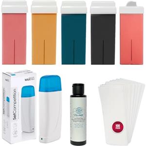 Anyskin Kit Scaldacera Rullo Professionale - Contiene 5 Ricarica Ceretta Rullo Liposolubile Black, Aloe, Rosa, Argan, Baffetti + Anyskin Olio Dopocera 100ml e Strisce Depilatorie Tnt 100pz