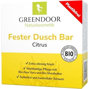 GREENDOOR Doccia Bar Citrus 60 g, gel doccia solido, doccia delicata con burro di karitè biologico, senza olio di palma solfati plastica, cosmetici naturali senza esperimenti sugli animali