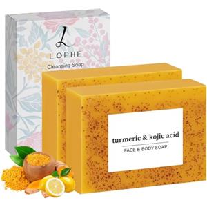 LOPHE Sapone Alla Curcuma, 2 Pezzi Soap con Acido, Soap con Acido Cogico, Saponetta Detergente Solida Scrub Donna e Uomo, per Peeling Naturale e Tono Pelle Uniforme, 100g