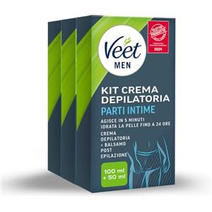 Veet Men Kit Depilazione Intima per Pelli Sensibili, Crema Depilatoria Uomo Parti Intime, Dermatologicamente Testata, Crema Depilatoria 100 ml e Balsamo Post Depilazione 50 ml (3 confezioni)