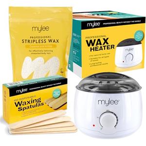 Mylee Kit per ceretta professionale con scaldacera elettrico, 500 g perle cera dura, spatole - epilazione senza strisce per viso, gambe, bikini, corpo, zone sensibili (500g, Cocco e Arnica)