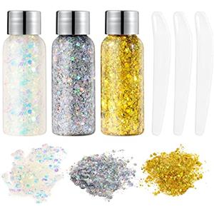 URAQT 3pcs Glitter Corpo e Viso per Unghie, Occhi, Labbra, Capelli - Gel Chunky per Musica, Festival, in Maschera(Bianco+Argento+Oro)