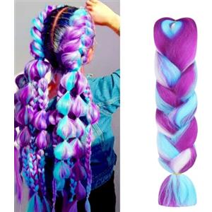 Aomig Allungato Intrecciare, Tricolore Parrucca Jumbo Estensioni dei Capelli Resistenti, Parrucca Rasta per Crochet Twist Intrecciare i Capelli Africane Extension, Viola Chiaro+Blu Bianco+Fucsia