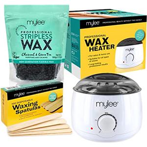 Mylee Kit per ceretta professionale con scaldacera elettrico, 500 g perle cera dura, spatole - epilazione senza strisce per viso, gambe, bikini, corpo, zone sensibili (500g, Carbone e Tè Verde)