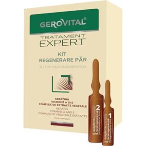 GEROVITAL Kit Siero Rigenerante Capelli con Cheratina, Vitamina A ed E, Rinforza, Previene la Caduta, Stimola la Crescita, 10 fiale x 5 ml / 10 fiale x 10 ml, Gerovital Tratament Expert