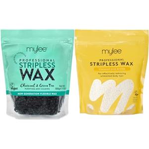 Mylee Perle di Cera Dura Professionali 500g, Depilazione senza strisce, Strisce depilatorie non necessarie, Carbone e Tè Verde + Cocco e Arnica