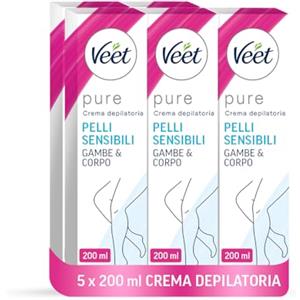 VEET x5 Veet Crema Depilatoria Pure Pelli Sensibili, per Gambe, Braccia, Ascelle e Zona Bikini, 200 ml, 5 Confezioni, Maxi formato