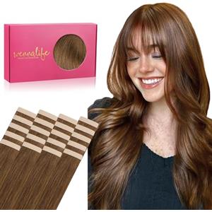 WENNALIFE Extension Capelli Veri Biadesivo, 20pz 25cm 30g Light Auburn Brown Extension Biadesive Capelli Veri Lisci Remy Tape in Hair Extensions Capelli Setosi