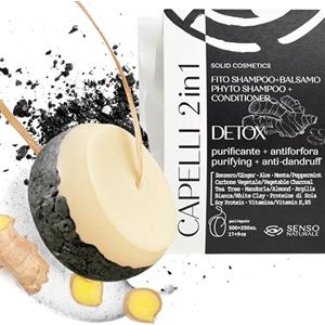 Senso Naturale Detox Shampoo Solido e Balsamo Capelli 2 in 1 Antiforfora Purificante per Capelli Grassi con Carbone Vegetale, Zenzero, Aloe ed Olio di Cocco, PH 4,5-5 100% Naturale e Biologico