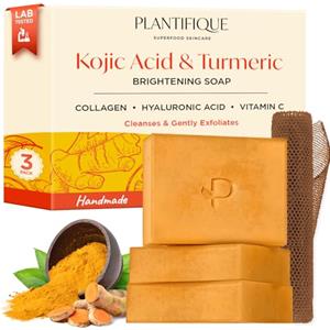 PLANTIFIQUE Turmeric & Kojic Acid Soap | Sapone Esfoliante Viso e Corpo con Rete Africana | Saponetta Detergente Solida Scrub Donna e Uomo | Peeling Naturale e Tono Pelle Uniforme | 3 Pezzi