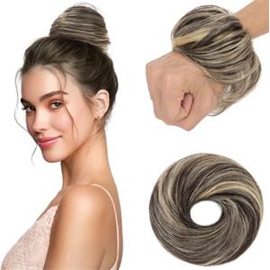 Elailite Chignon Finto Per Capelli Liscio Posticci Capelli Veri Spettinato Con Elastico Hair Bun Extension 17g # Nero Naturale + Biondo Chiaro