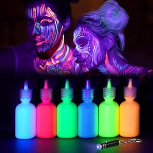 LOPHE Pittura UV Corpo, 6x30ml Fluo Colori Trucco Viso Sicuro e Non Tossico, Trucchi Fluo Truccabimbi con Lampada UV, Face Painting Trucchi di Halloween, Fluo Party, Carnevale