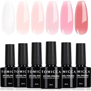 TOMICCA - Set di smalti UV in 6 colori, rosa trasparente, rosa naturale, nude, smalto in gel naturale, da polimerizzare in lampada UV LED, per manicure e nail art fai da te, 8 ml